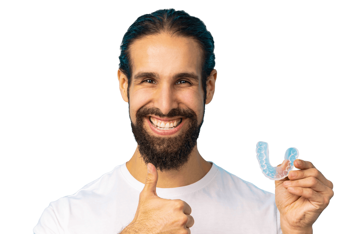Man gives a thumbs up with one hand, holding invisible aligners in the other