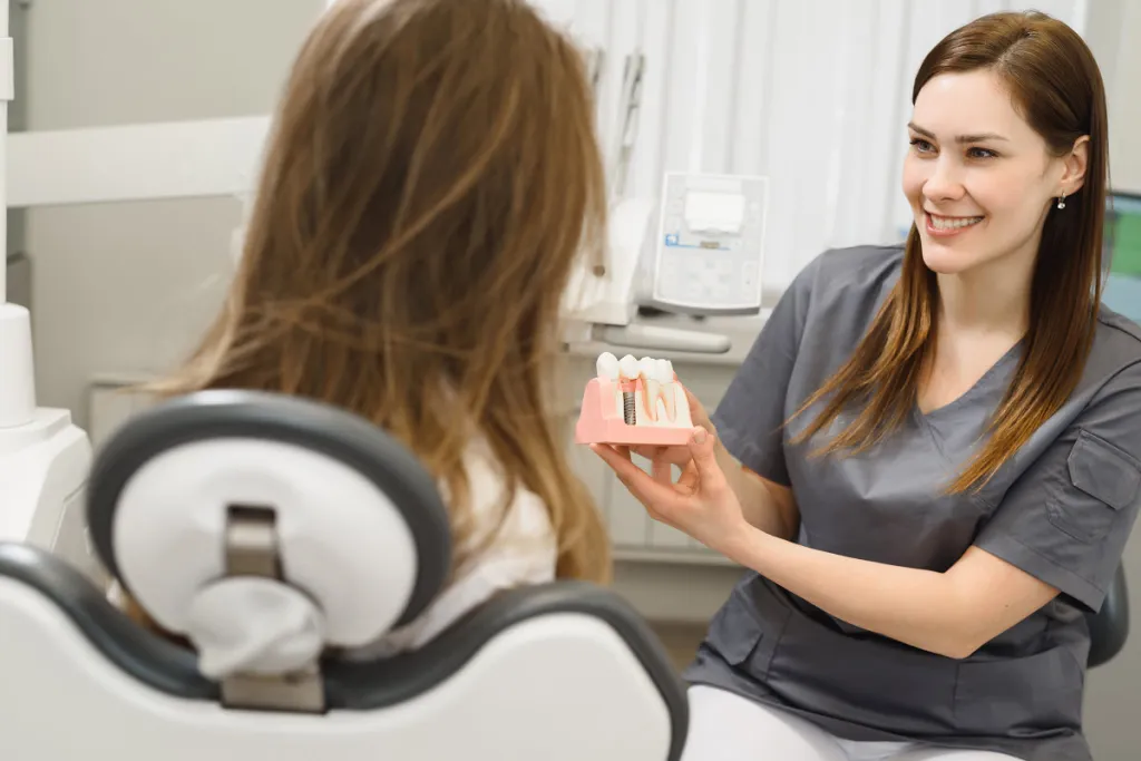Dentist explaining dental implant procedure to female patient using dental model.
